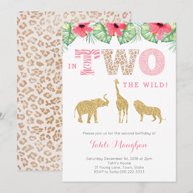 Pink and Gold Wild Safari 2nd Birthday Party Invitation (Front/Back)