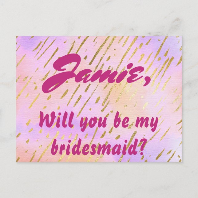 Pink and Gold Will You be My Bridesmaid Invitation Postcard (Front)