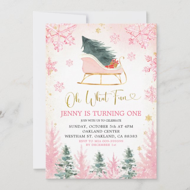 Pink and Gold Winter Sleigh Premier Invitation d'a (Devant)