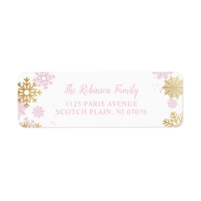 Pink And Gold Winter Snowflake Return Address (Front)