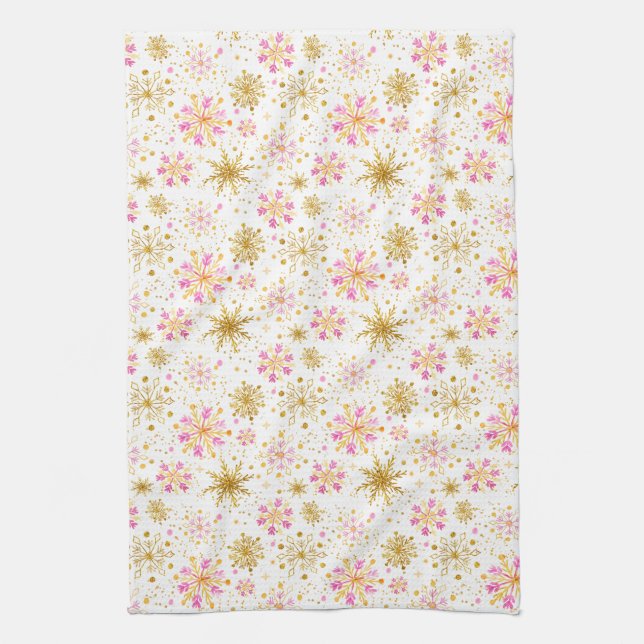 Pink and Gold Winter Snowflakes Kitchen Towel (Vertical)