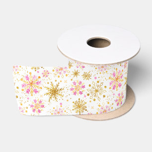 Pink and Gold Winter Snowflakes Pattern Satin Ribbon