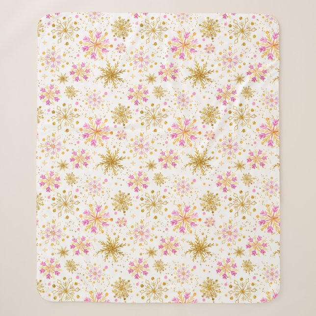 Pink and Gold Winter Snowflakes Sherpa Blanket (Front)