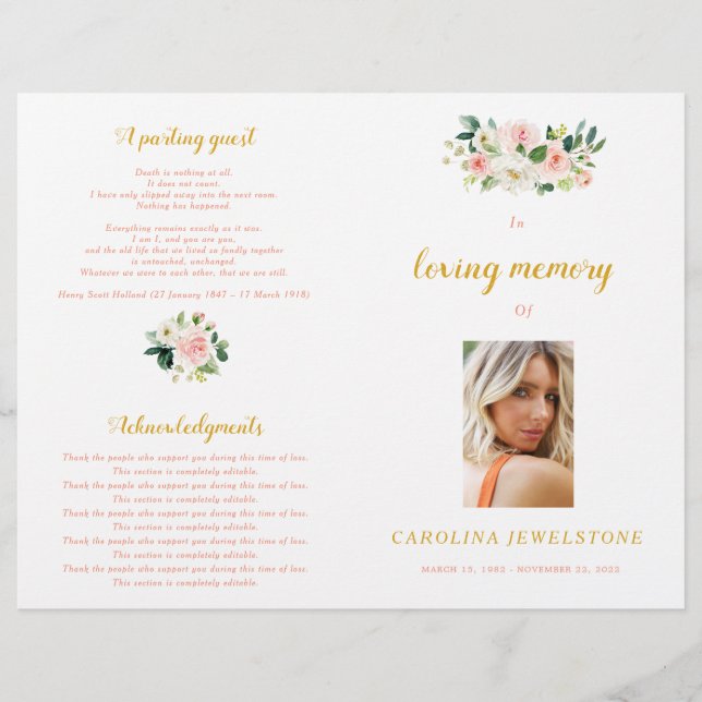 Pink And Gold Woman Celebration Of Life Program (Front)