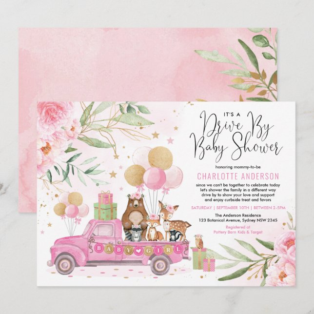 Pink and Gold Woodland Drive Through Baby Shower Invitation (Front/Back)