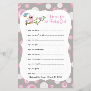 Pink and Gray Baby Owl   Shower Wishes Game Flyer