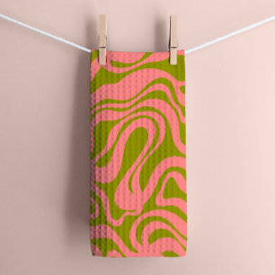 Pink and Green 1970s Retro Modern Swirl Kitchen Towel