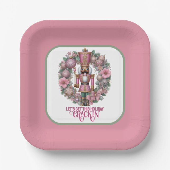 Pink and Green African American Nutcracker Holiday Paper Plate (Front)