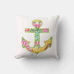 Pink and Green Anchor Throw Pillow