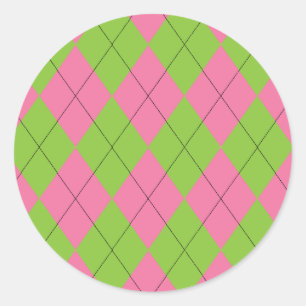 Pink and Green Argyle Pattern with Black Lines Classic Round Sticker