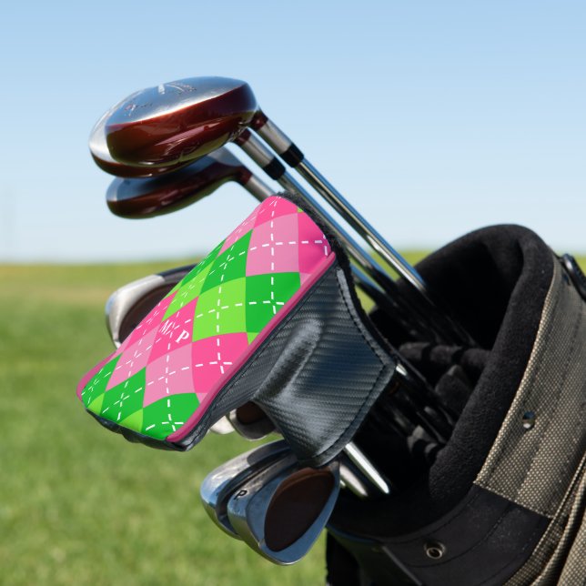 Pink and Green Argyle with White Stitching Golf Head Cover (In Situ)
