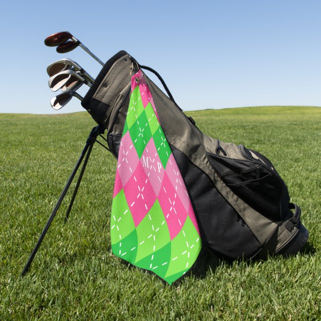 Pink and Green Argyle with White Stitching Golf Towel (Green)