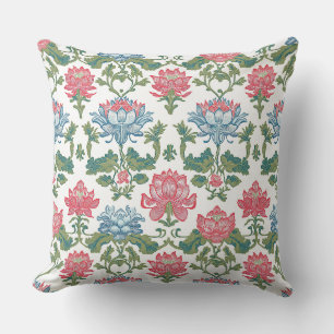 Pink and Green Art Nouveau Chinoiserie Lotus Flora Throw Pillow