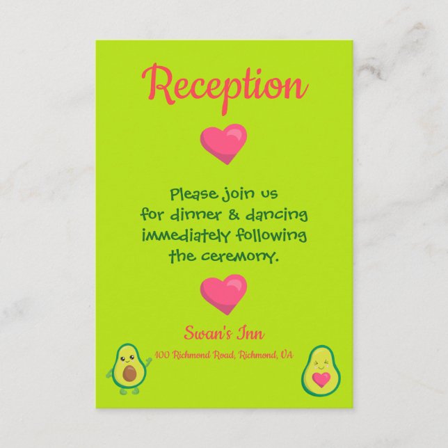 Pink and Green Avocado Wedding Reception Enclosure Card (Front)