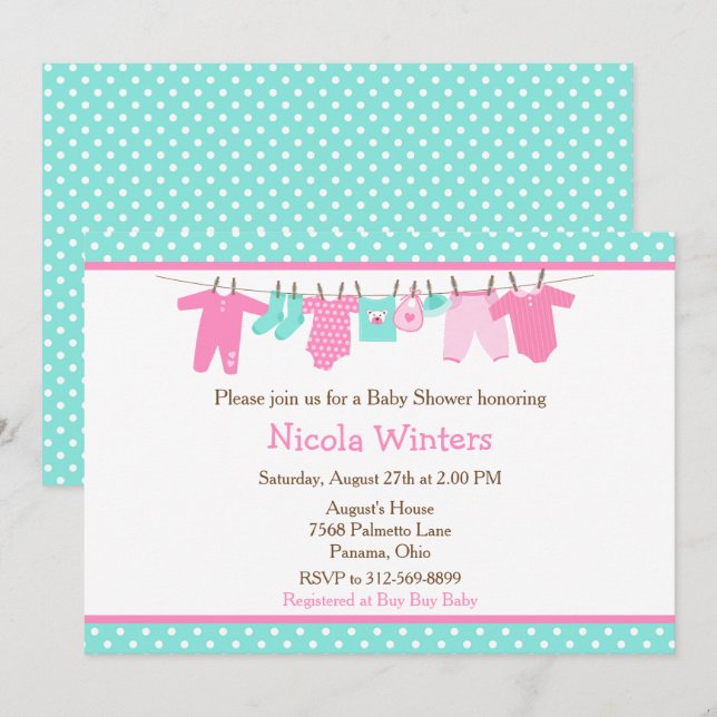 Pink and Green Baby Line Baby Shower Invitation (Front/Back)