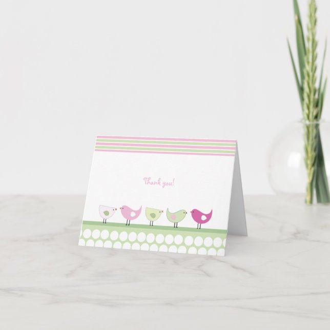 Pink and Green Birds Thank You Note Cards (Front)