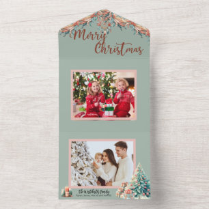 Pink and Green Boho feathers Photo Christmas Card