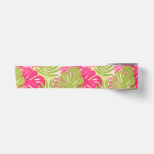 Pink and green bold vibrant monstera tropical leaf satin ribbon