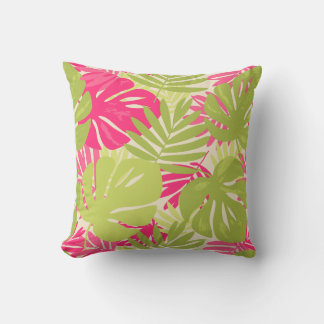 Pink and green bold vibrant monstera tropical leaf throw pillow