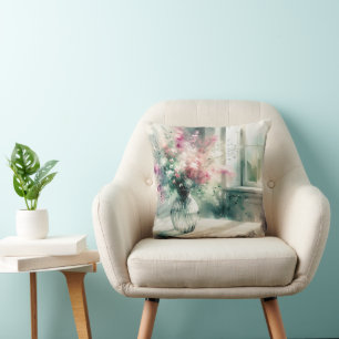 Pink And Green Bouquet By a Window Throw Pillow