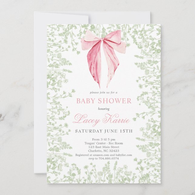 Pink and Green bow Baby Shower invitation (Front)