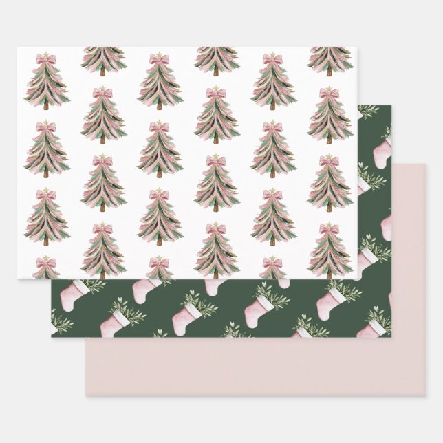 Pink and Green Brushstroke Christmas Flat Wrapping Wrapping Paper Sheet (Set)