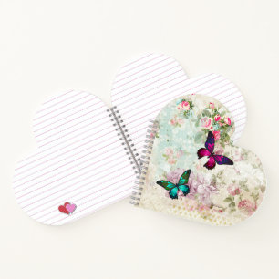 Pink and Green Butterflies on Shabby Vintage Roses Notebook