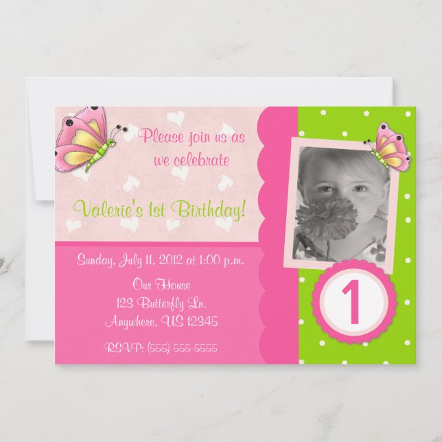Pink and Green Butterfly Girls Birthday Invitation (Front)