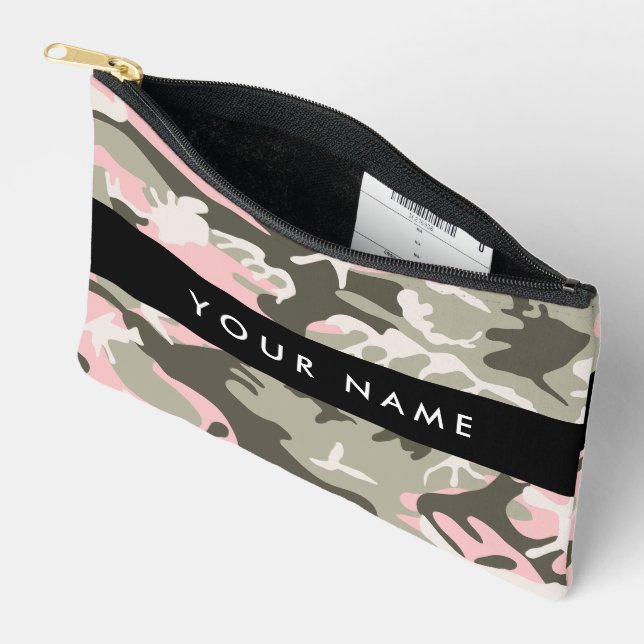 Pink and Green Camouflage Your name Personalize Accessory Pouch (Open)
