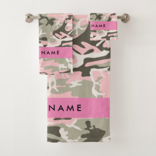 Pink and Green Camouflage Your name Personalize Bath Towel Set