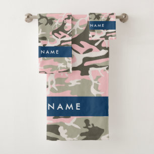 Pink and Green Camouflage Your name Personalize Bath Towel Set