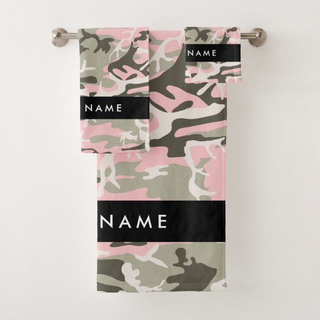 Pink and Green Camouflage Your name Personalize Bath Towel Set (Insitu)
