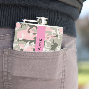 Pink and Green Camouflage Your name Personalize Hip Flask