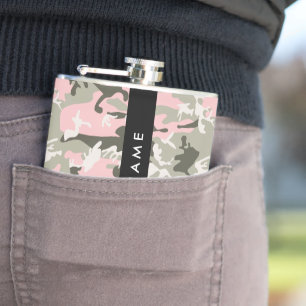 Pink and Green Camouflage Your name Personalize Hip Flask