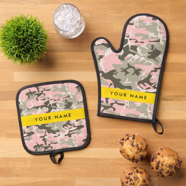 Pink and Green Camouflage Your name Personalize Oven Mitt & Pot Holder Set (Top Down)