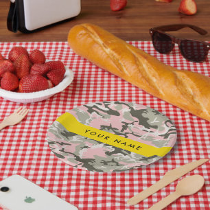 Pink and Green Camouflage Your name Personalize Paper Plate