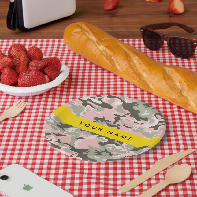 Pink and Green Camouflage Your name Personalize Paper Plate (Picnic)