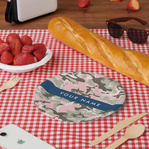 Pink and Green Camouflage Your name Personalize Paper Plate