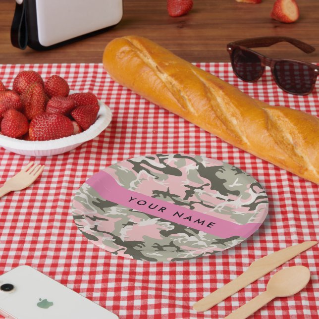 Pink and Green Camouflage Your name Personalize Paper Plate (Picnic)