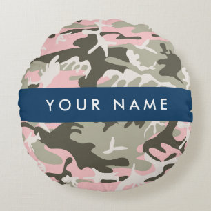 Pink and Green Camouflage Your name Personalize Round Pillow