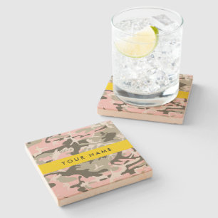 Pink and Green Camouflage Your name Personalize Stone Coaster