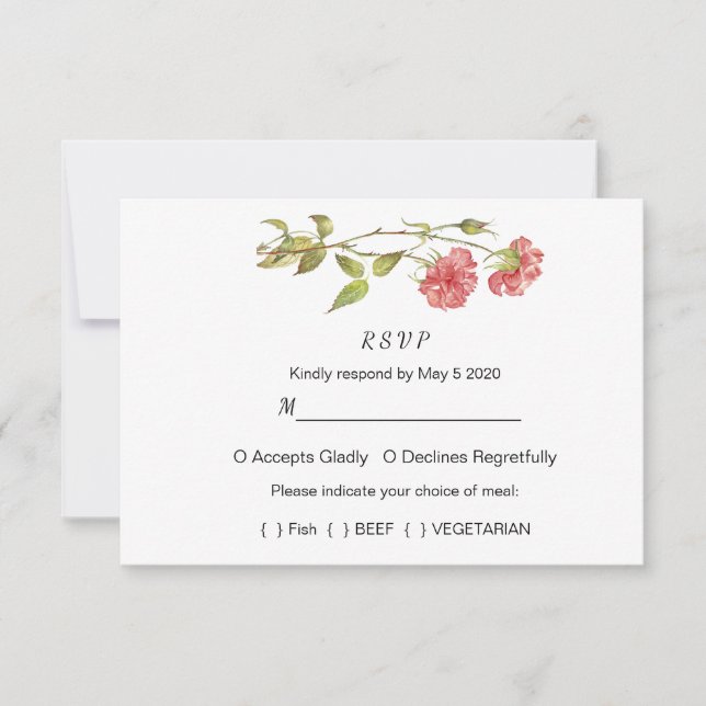Pink and green carnation watercolor wedding RSVP card (Front)