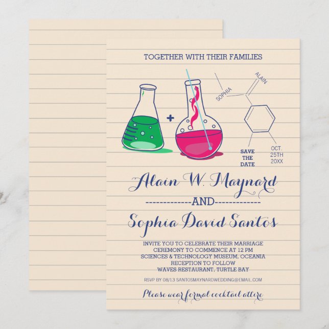 Pink and Green Chemistry Wedding Invitations (Front/Back)