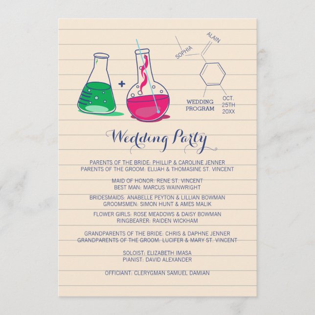 Pink and Green Chemistry Wedding Programs (Front)