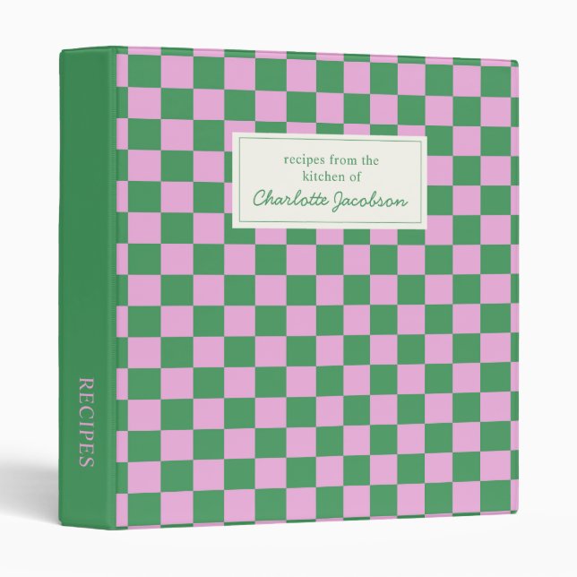 Pink and Green Chequerboard Monogram Recipe Binder (Front/Spine)
