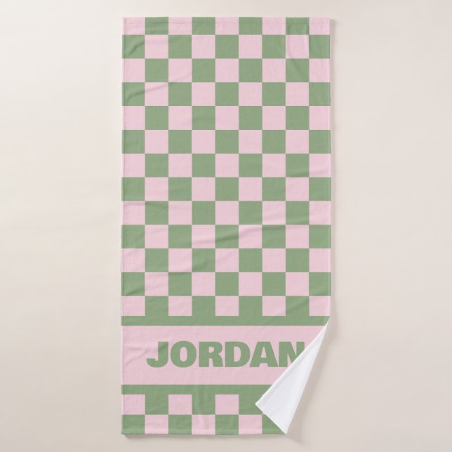 Pink and Green Chequerboard Towel with Custom Name (Bath Towel)