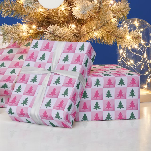 Pink and Green Chequerboard Trees Modern Christmas Wrapping Paper (Holidays)