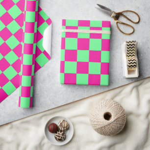 Pink and Green Chequered Print Wrapping Paper