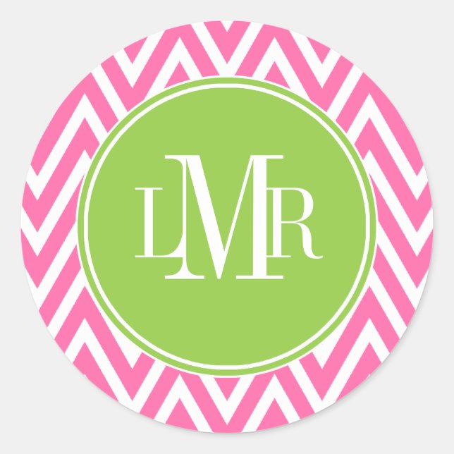 Pink and Green Chevrons Monogram Classic Round Sticker (Front)