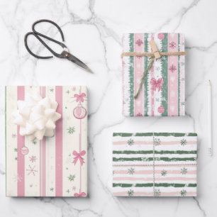 Pink And Green Christmas Stripes  Wrapping Paper Sheet